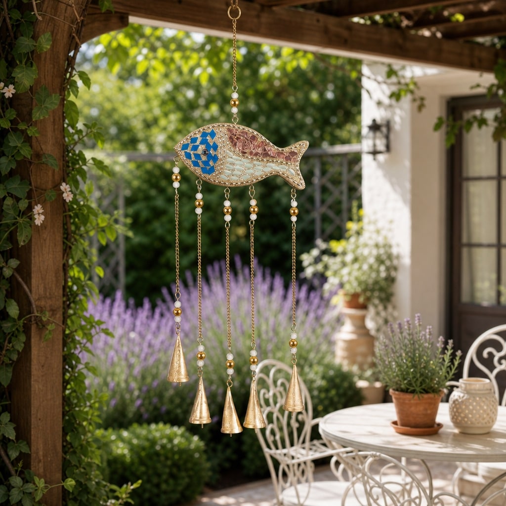 Fish Shape Glass & Wood Mosaic Windchimes with Bells - 26", Blue - 25.5"
