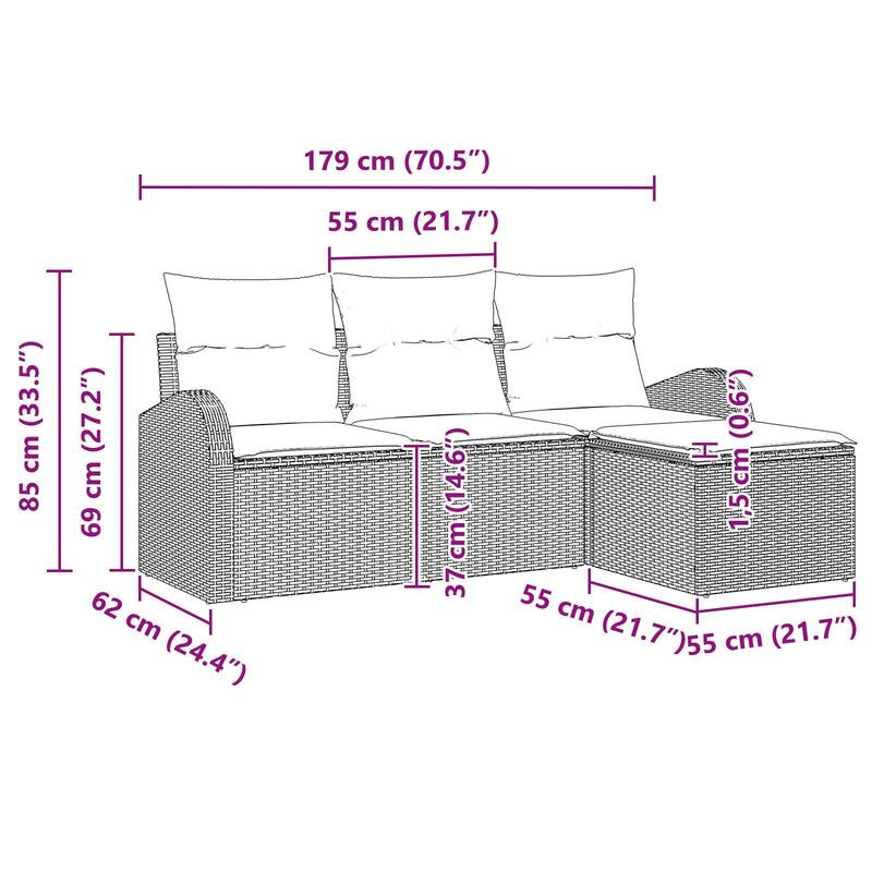 vidaXL 4 Garden Sofa Set with Cushions Black/Brown/Grey Poly Rattan - 70.5 x 24.4 x 27.2