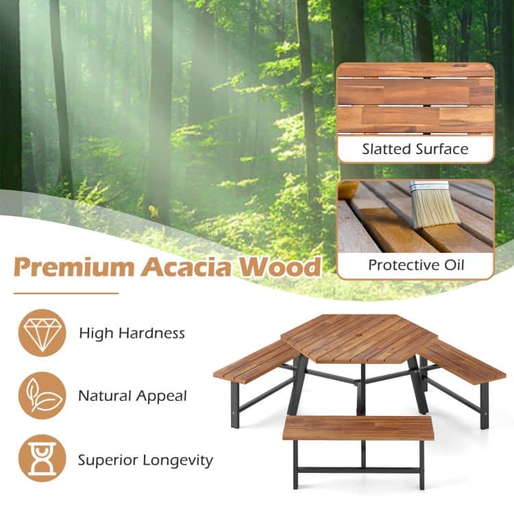 Brown and Black Acacia Wood Picnic Table Set with Metal Legs and Umbrella Hole - 75 x 65 x 27.5"
