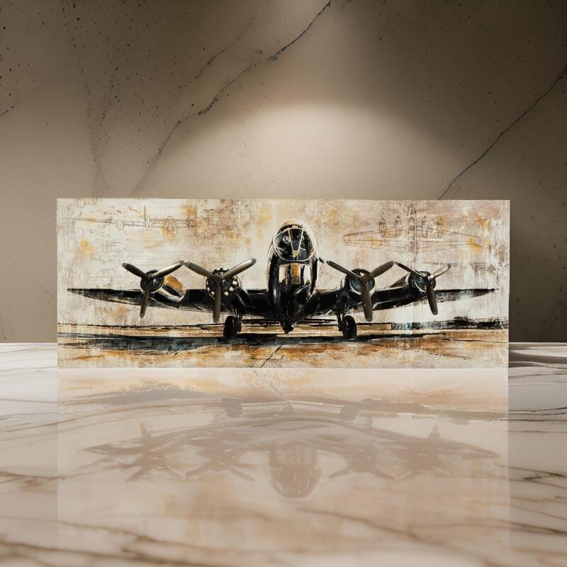 Gallery Wrapped Canvas Wall Art with Airplane Print, Brown and Black