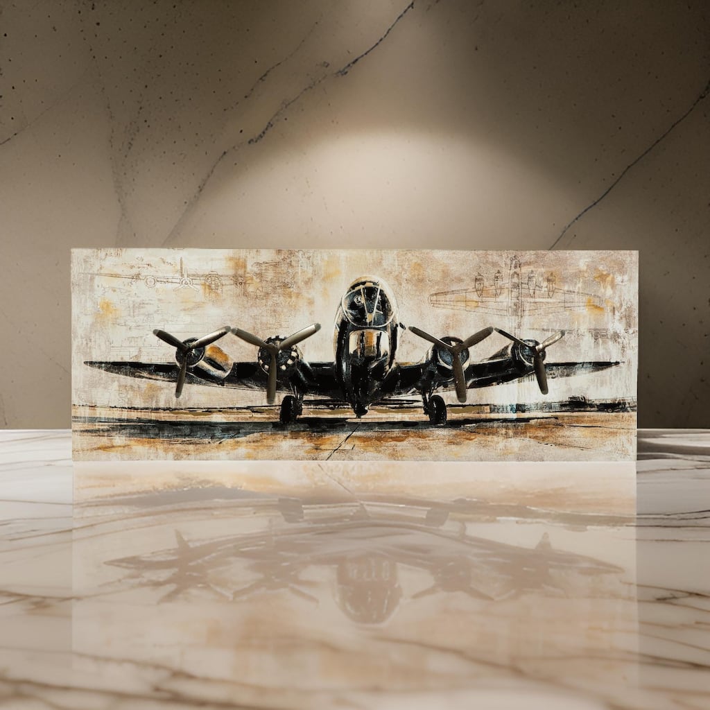 Gallery Wrapped Canvas Wall Art with Airplane Print, Brown and Black