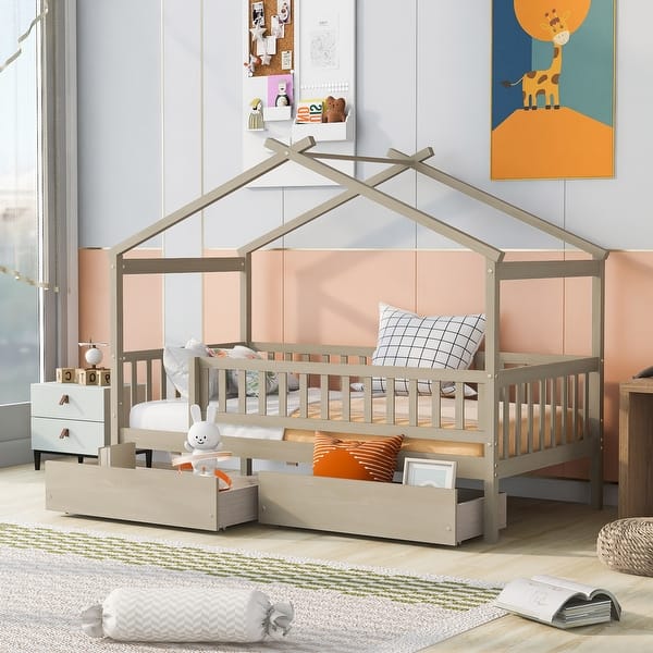 slide 2 of 10, Twin Size Wooden House Bed, Platform Bed Frame with 2 Storage Drawers & Roof Design, for Kids, Girls, Boy, Teens, Natural Natural - Twin