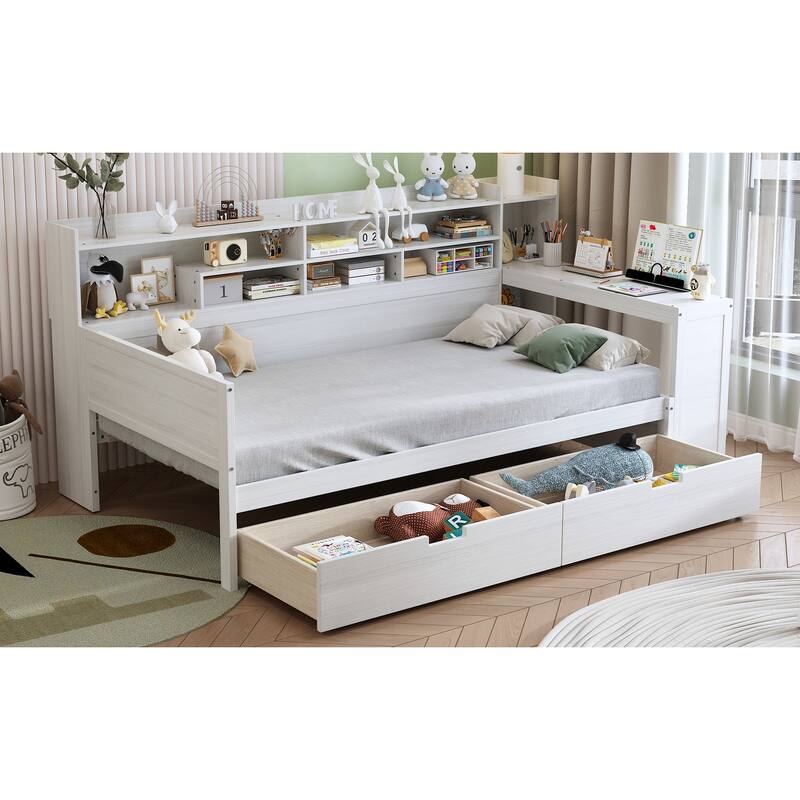 Wooden Twin Size Daybed with Storage Shelves, Multi-functional Bed with Two Storage Drawers and Study Desk