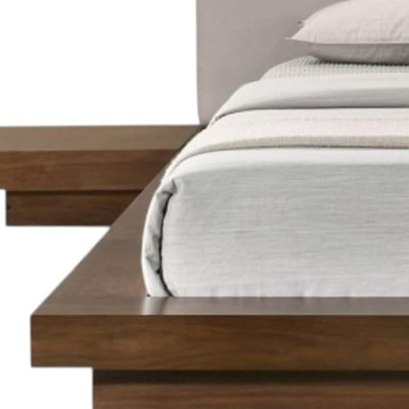 HomeRoots Gray and Walnut Wood And Faux Leather King Bed Frame With Attached Nightstands