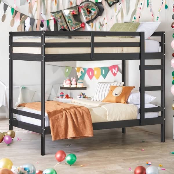 slide 2 of 14, Transitional, Modern style Modern Simple Solid Wood Twin Over Twin Bunk Bed Black