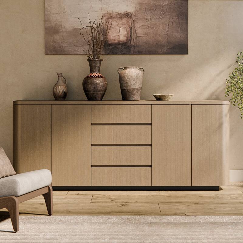 Light Oak Sideboard Buffet Cabinet with 4 Drawers & 2 Doors, Push-to-Open System, Waterproof Surface & Anti-Tip Kit Dresser