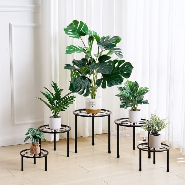 Set of 5 Cast Iron Plant Stand Set Heavy Duty Metal Flower Pot Holder Indoor Outdoor Decorative Black Shelf - Black