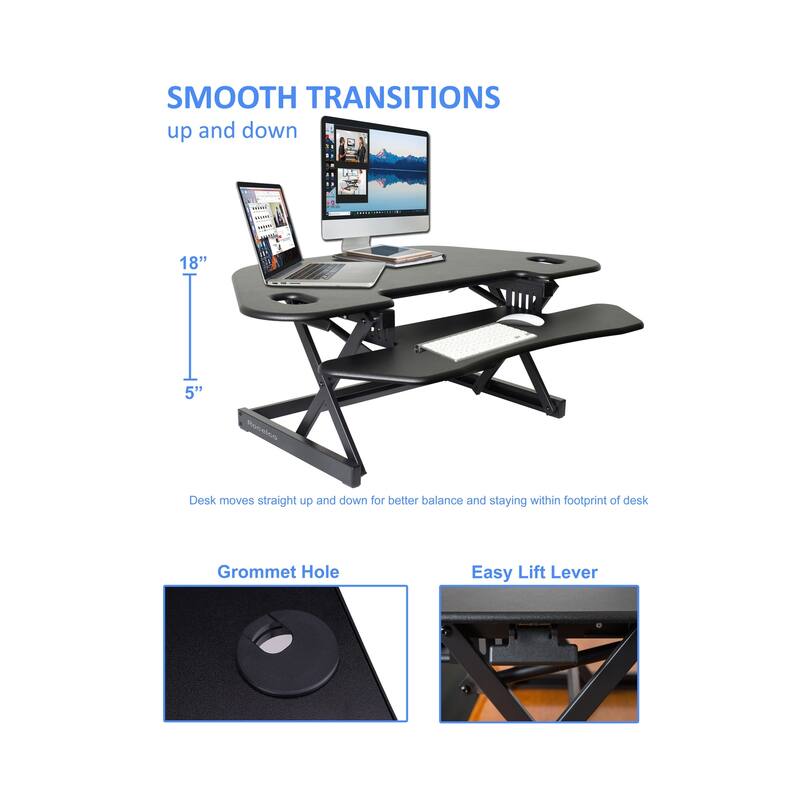 Rocelco 46 in. W Black Height Adjustable Corner Standing Desk Converter with Dual Monitor Arm Mount and Extra Keyboard Tray