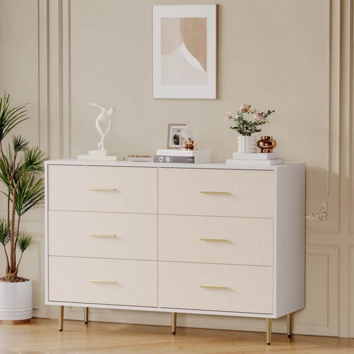 Modern White Dresser with Gold Legs & Handles, Large Wooden Storage Cabinet for Bedroom Living Room Entryway