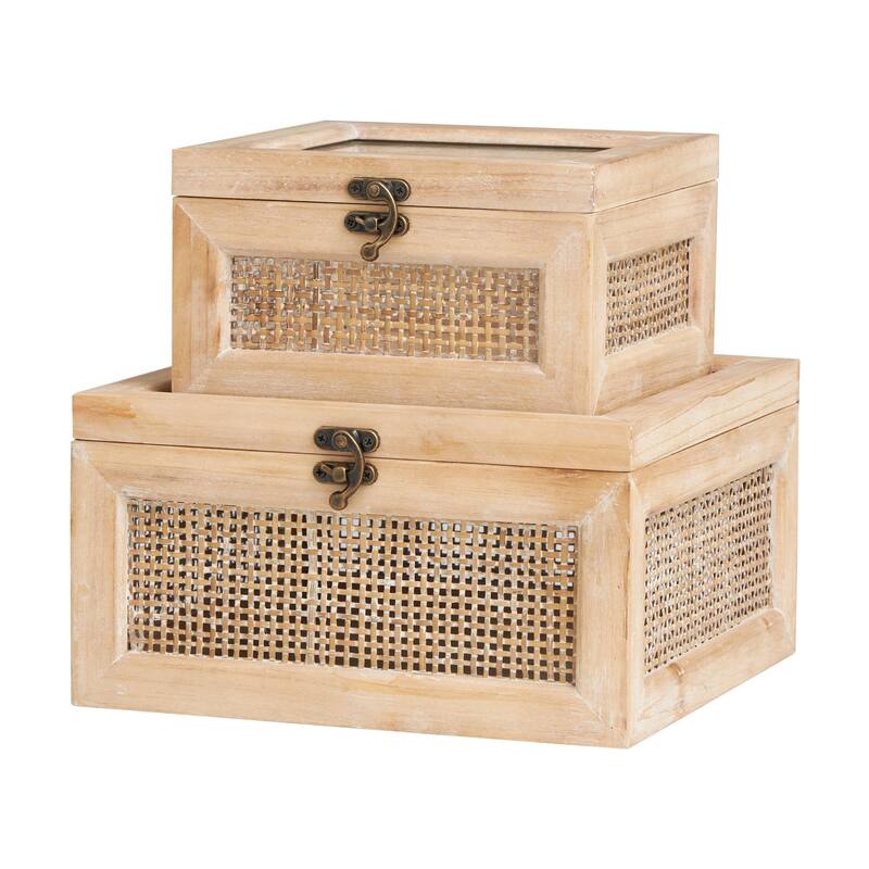 Light Brown Wood Glass Top Decorative Box with Rattan Side Panels and Bronze Hook Closures (Set of 2)
