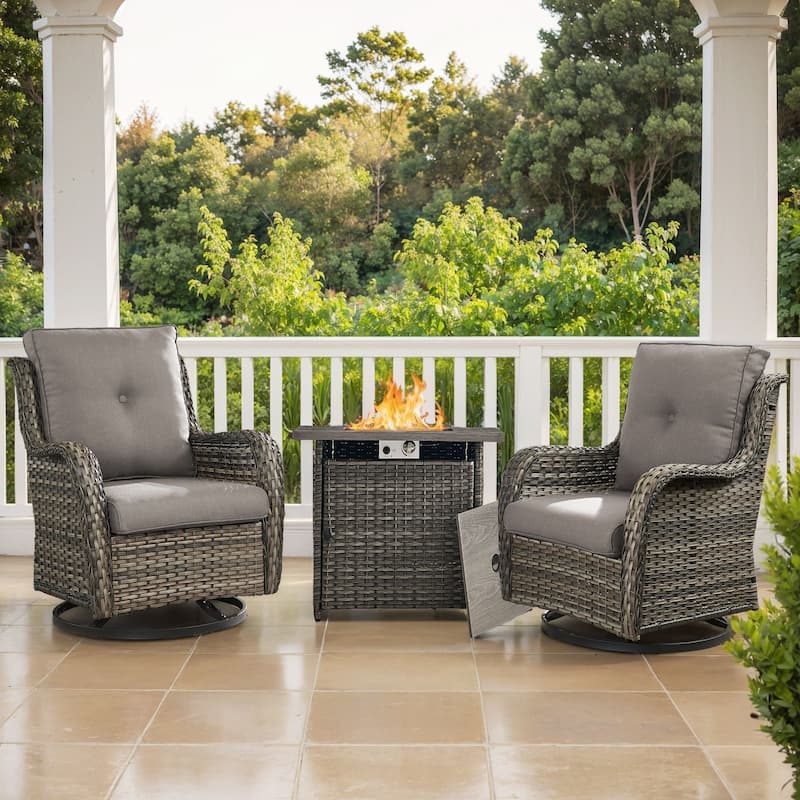 Pocassy Fire Pit Table with Sofa Swivel Chairs Set - Grey Wicker Gray Cushion - 3 Pieces Swivel Chair with Fire Table
