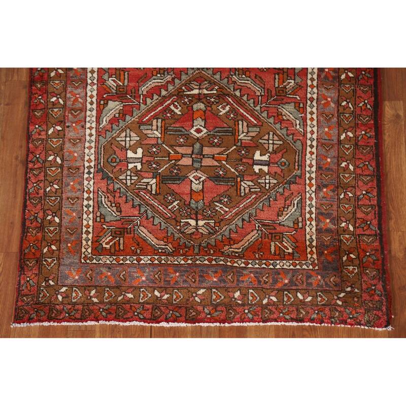 Heriz Persian Vintage Runner Rug Hand-knotted Red Wool Carpet - 3'11"x 11'10"