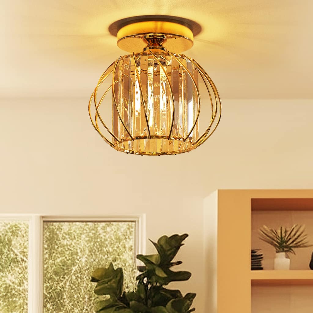 YANSUN Single-Head Gold Semi-Flush Mount Light with Crystal Shade for Elegant Spaces - 7.1*7.1*6.7