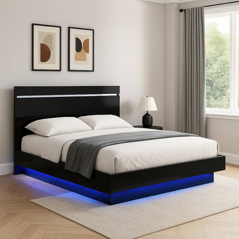 Pero Queen Size Bed, Chrome Accent Headboard, Black LED Footboard