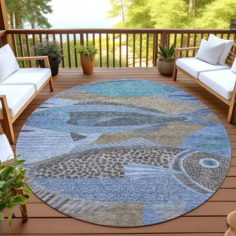 Machine Washable Indoor/ Outdoor Modern Fish Chantille Rug - Taupe - 8' x 8'