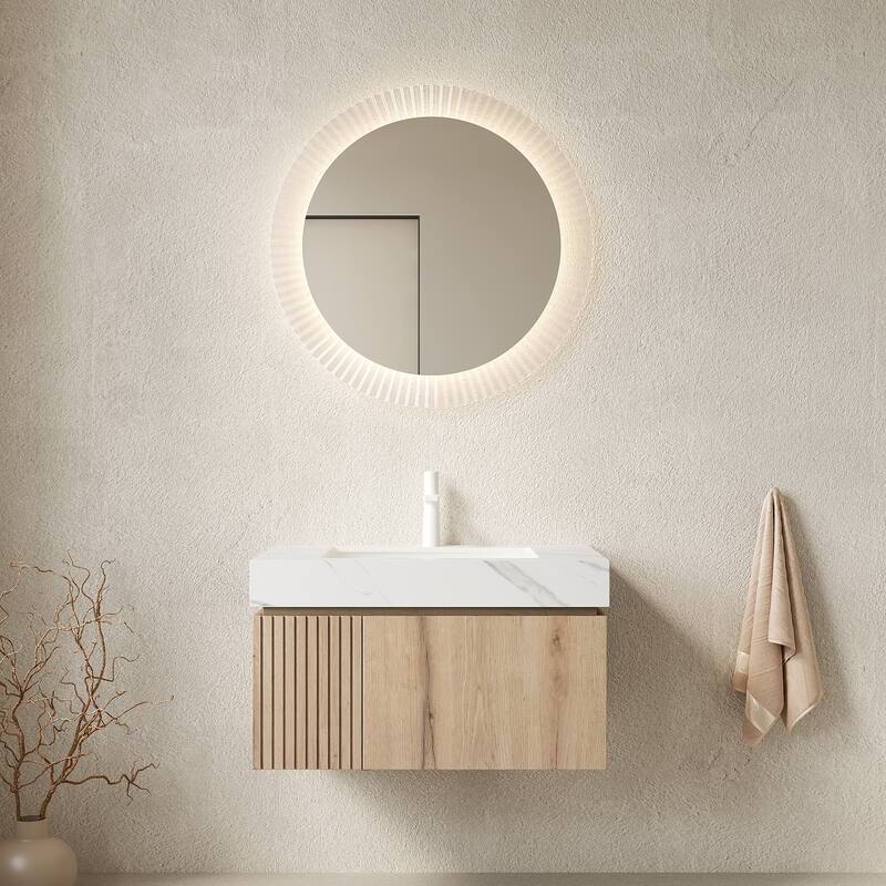 Floating Bathroom Vanity with Sintered Stone Top and Undermount Ceramic Basin - 29.92'' x 18.9'' x 17.72'' - Carrara White and White Oak