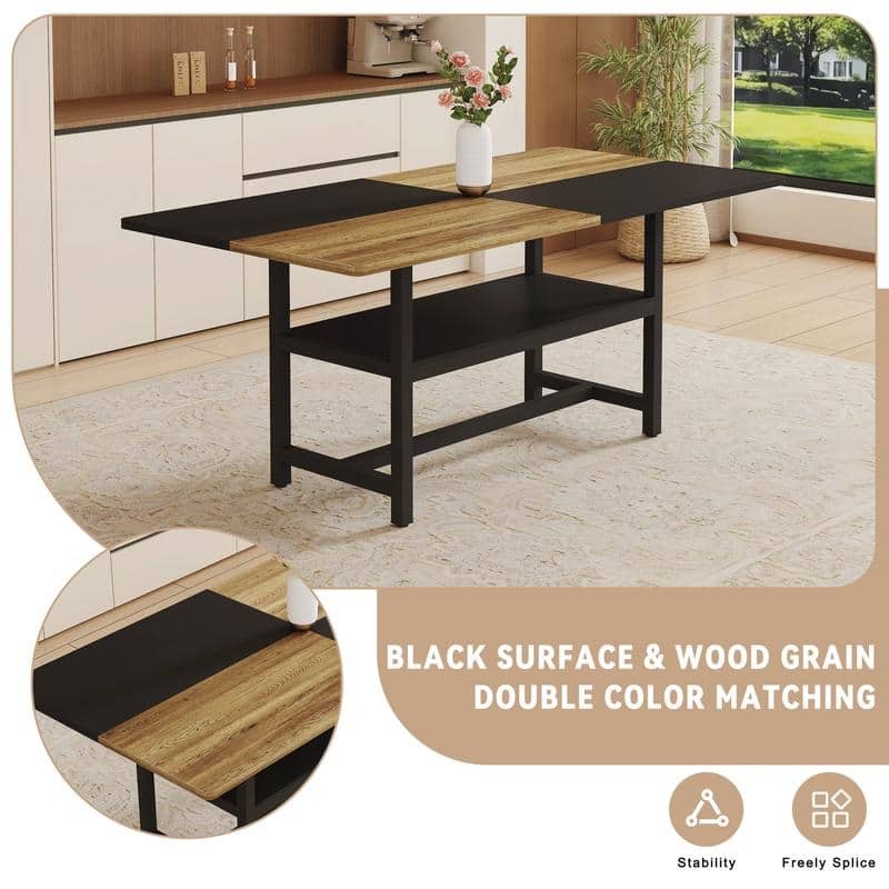 Modern 9-Piece Wood & Black Dining Table Set with Storage and 8 PU Leather Chairs