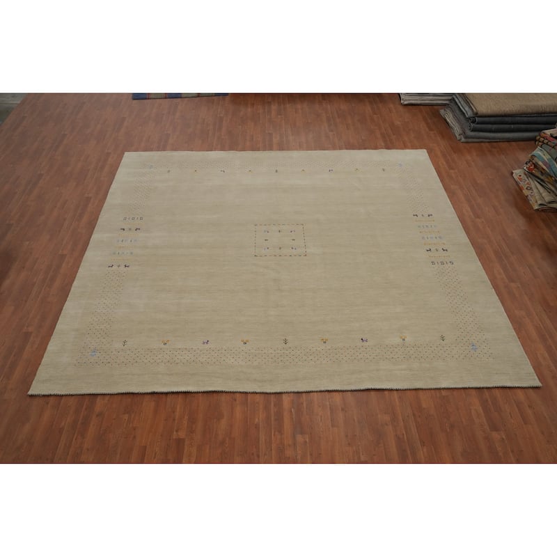 Hand Knotted Oriental 100% Wool Carpet Tribal Animal Pictorial Beige & Ivories Gabbeh Area Rug - 11' 10'' X 12' 3''