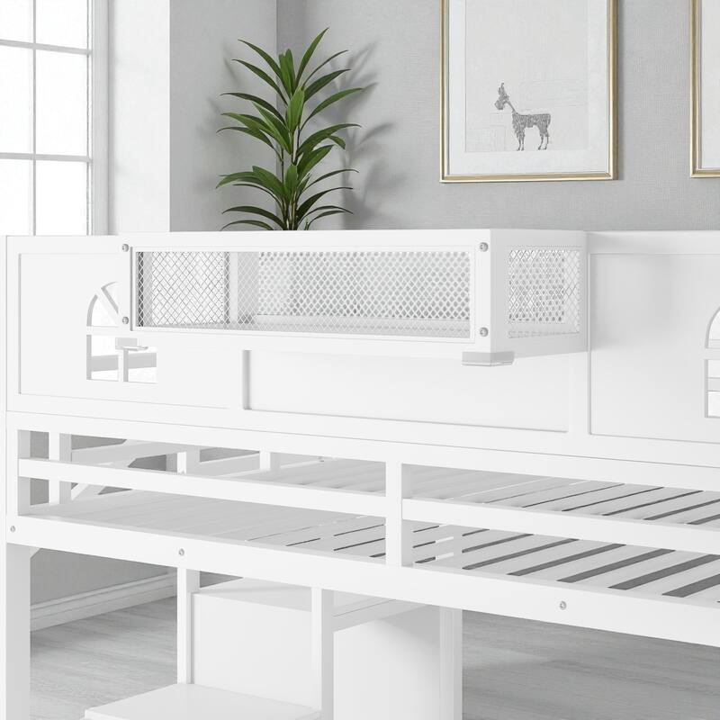 Full/Queen Size Metal Loft Bed with Stairs and Wardrobe, High Loft Bed with House-Shaped Guardrails for Kids and Teens