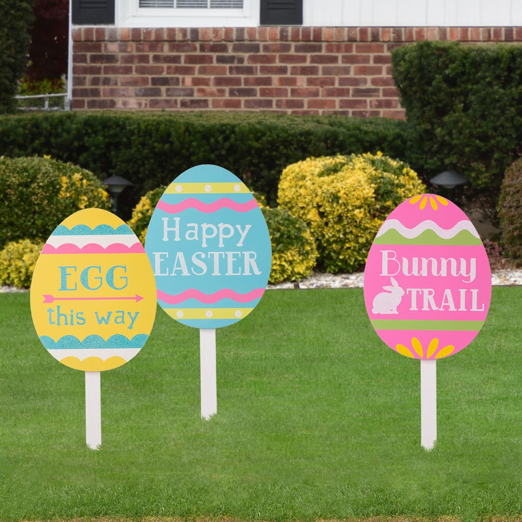 Glitzhome Set of 3 Easter Eggs Wooden Sign Yard Stakes