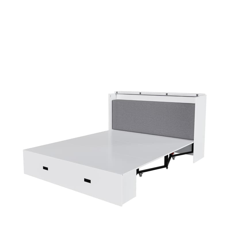 Hidden Folding Murphy Bed with Storage Drawers/Charging Station/Foldable Mattress/Full Size Mobile Cabinet Bed Frame/Noise-free