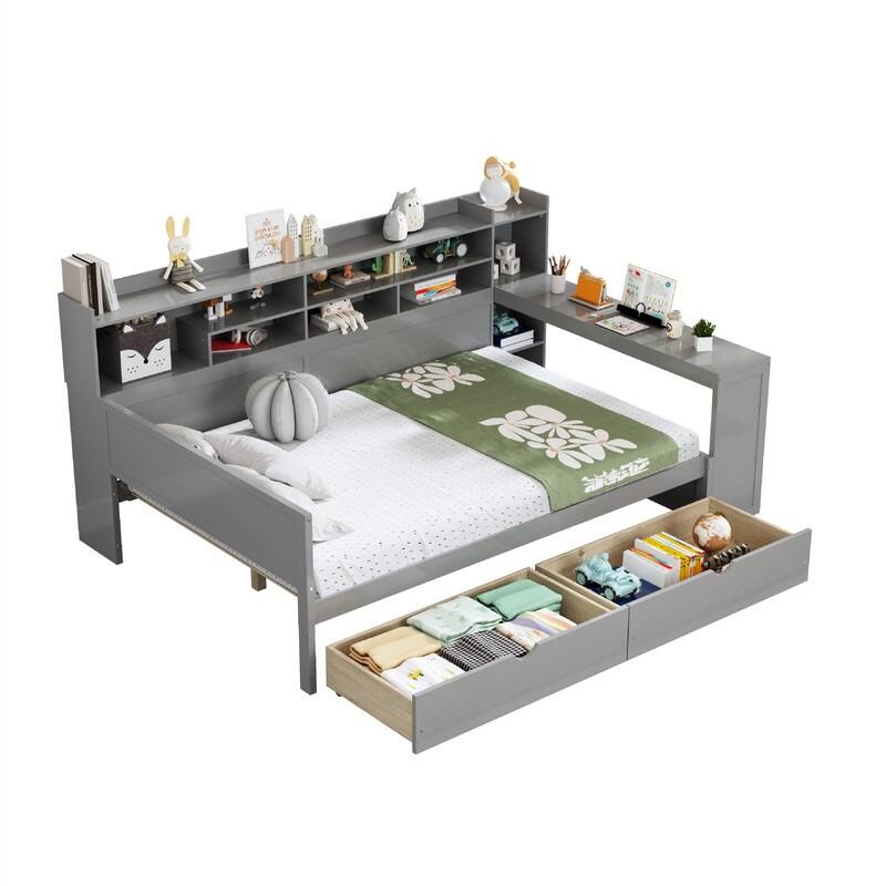 Twin/Full Size Daybed with 2 Storage Drawers and Study Desk, Wooden Multi-functional Sofa Bed Frame with Storage Shelves