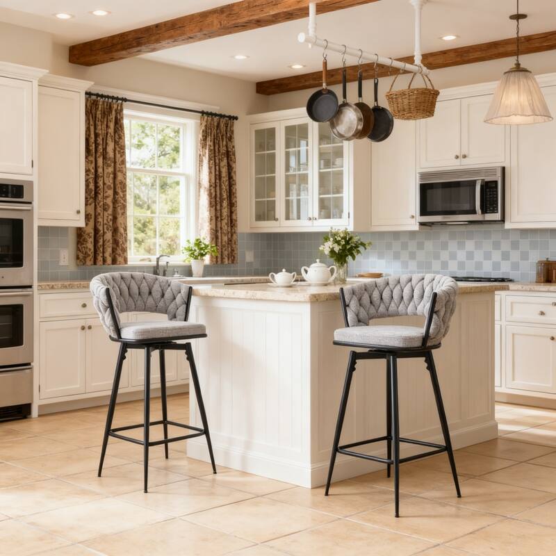 Set of 2 Swivel Bar Stools with Light Gray Linen Cushions & Black Iron Frame for Kitchen & Pub