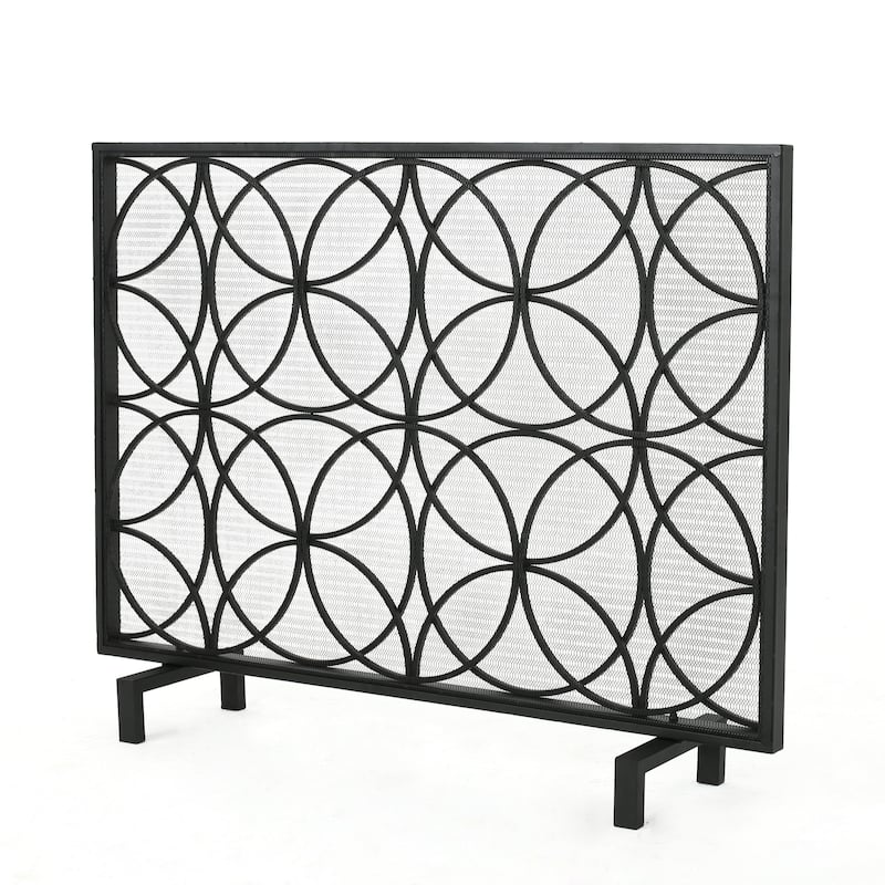 Roomfitters Single Panel Iron Fireplace Screen, Geometric Overlapping Circles Mesh Metal Spark Guard for Hearth Safety, Black