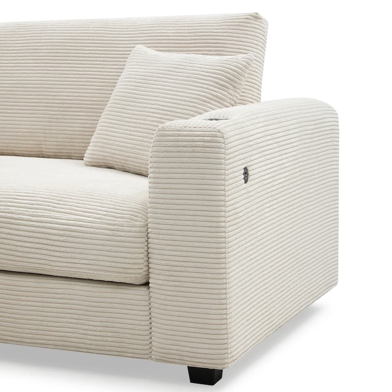 L Shaped Cloud Couch, Corduroy Sectional Sofa w/USB, Cup Holder