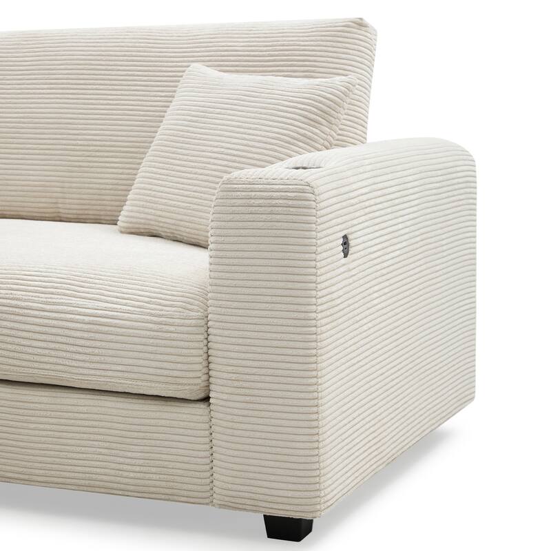 Spacious 4-Seater Corduroy Cloud Couch with Chaise, USB Charging Ports, and Cup Holders