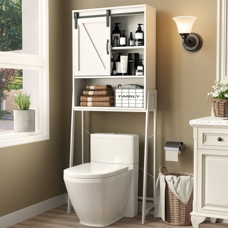 Over The Toilet Storage Cabinet, Bathroom Organizer with Sliding Barn Door & Adjustable Shelves, Storage Rack - See Picture - White