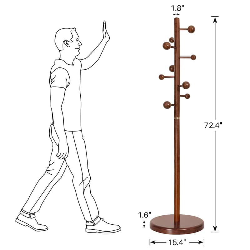Solid Wood Coat Rack Freestanding Coat Tree Stand with 9 Hooks - 72.4"H x 15.4"W