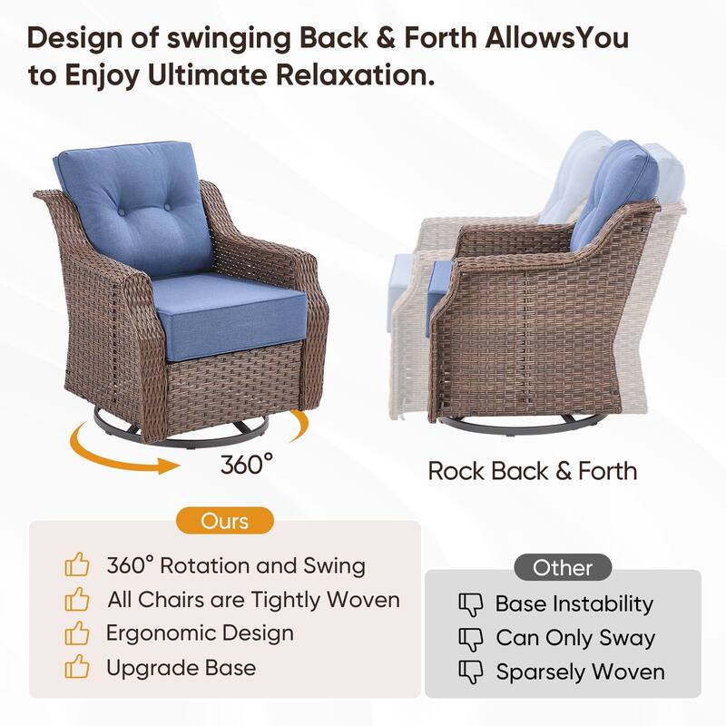 Pocassy Patio 7 Piece Sofa Swivel Chair Ottoman with Fire Table