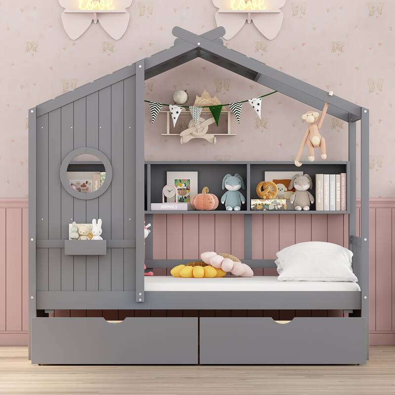 Wooden House Bed with 2 Large Drawers & Built-In Shelves by Harper&Bright Designs