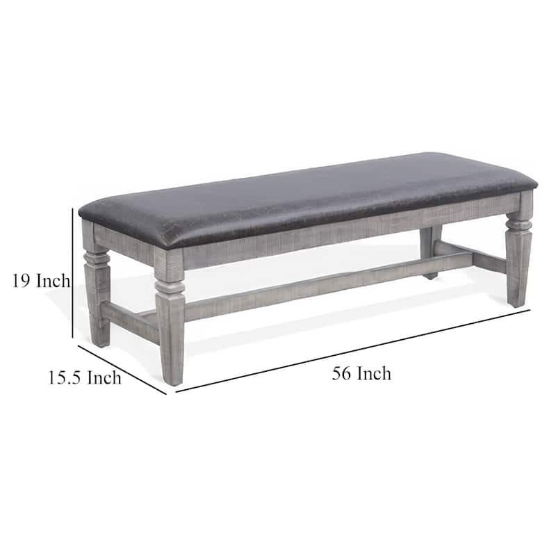 Camie Dining Bench, 56 Inch Faux Leather Seat, Gray Mahogany Wood