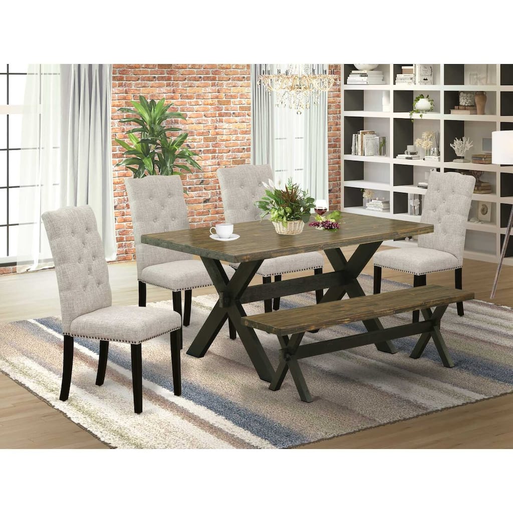 HomeStock 6-Pc Rectangle Distressed Jacobean Finish Solid Wood Top Dining Table with 1-Bench, 4-Chairs