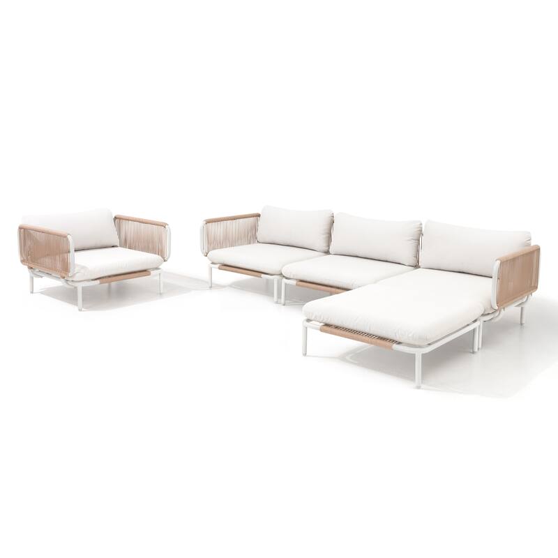 Pellebant Outdoor Sectional Sofa Patio Conversation Seating Set - Set of 5 - Beige-5PC