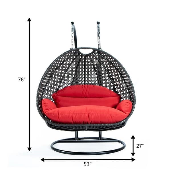 dimension image slide 2 of 16, LeisureMod 2-Person Double Egg Swing Chair - Charcoal Wicker with Metal Stand & Plush Cushions - Modern Outdoor Patio Lounger