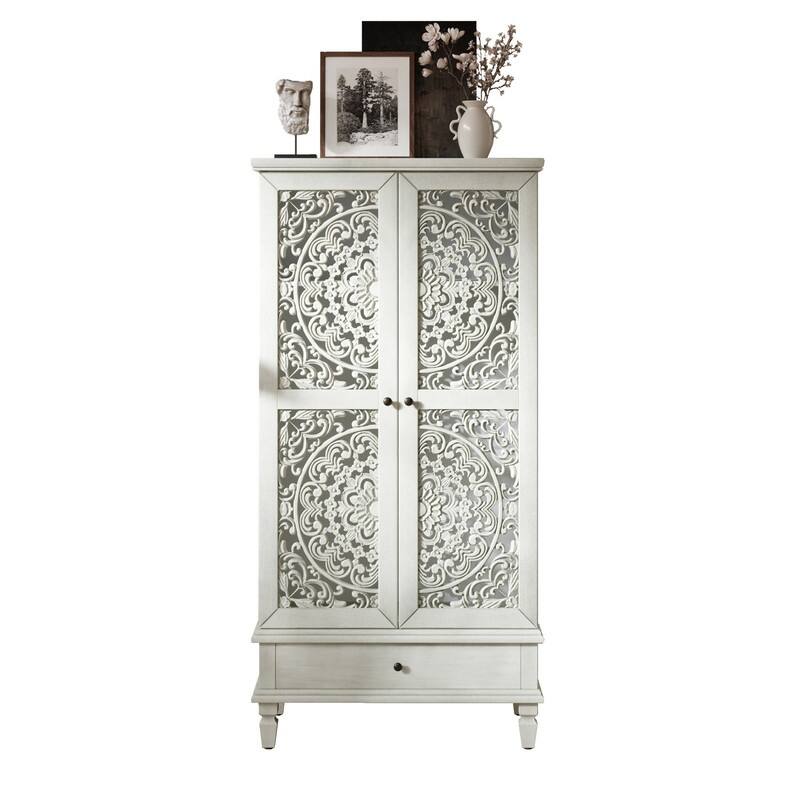 Rustic 55" Tall Storage Cabinet with Drawer, Decorative Carved Wood Accent for Living Room or Dining Area