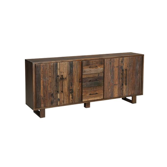 HomeRoots 83" Dark Brown Distressed Reclaimed Wood Three Drawer Sideboard with Four Doors - 83.00 in. x 36.00 in. x 16.00 in.