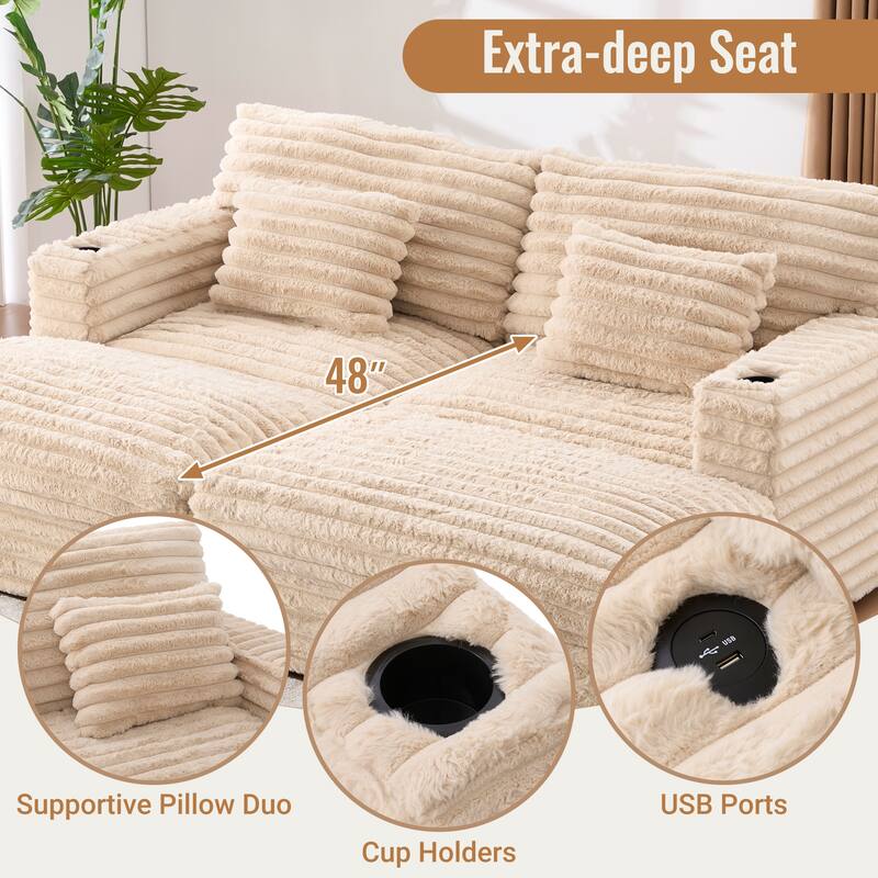 83.5" Oversized Double Chaise Sofa Bed - Plush Cloud Couch w/ USB Ports, Cup Holders & 2 Pillows, Upholstered Sleeper
