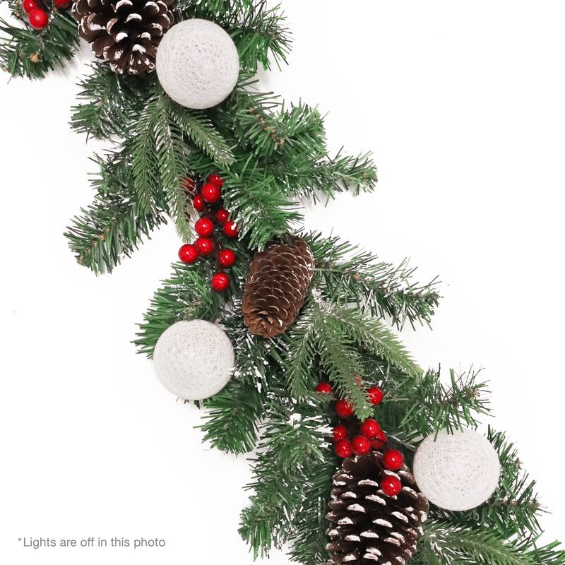 6ft Artificial Mixed Frosted Berry Pine Cone & Pine Christmas Garland with Woven Globe String Light Set - 72" L x 9" W x 6" DP