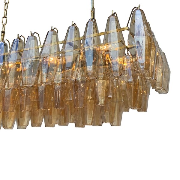 Ciara 8 Light Rectangular Linear Amber Glass Chandelier. - Brass