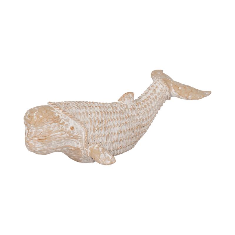 Sagebrook Home 17" White Resin Wicker Beluga Whale Figurine, Polyresin Coastal Decor Accent for Serene Home Styling