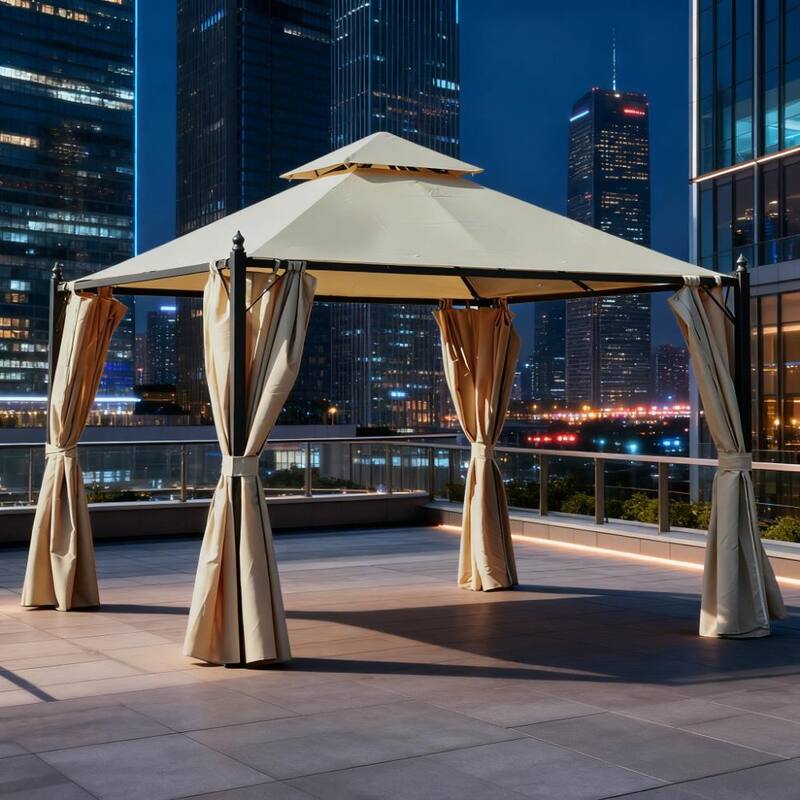 10' x 10' Steel Outdoor Patio Gazebo with Privacy Curtains and Double Canopy