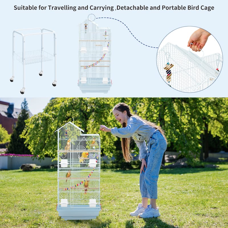 62"H Metal Large Bird Cage with Roof Top, Rolling Stand and Toys