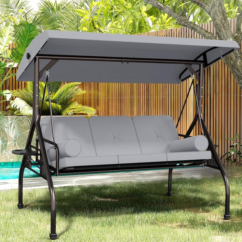 Outdoor Patio 3-Seat Porch Swing Cushioned Seat Bench Chair with Adjustable Tilt Canopy & Side Trays
