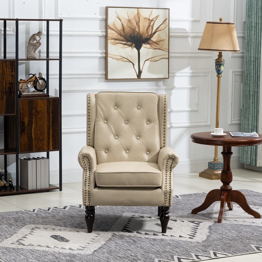Mid-Century Velvet/Leather Upholstered Tufted Wood Frame Armchair