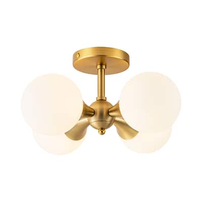 4-Light Modern Gold Sputnik Milky White Frosted Opal Glass Globe Bubble Semi-Flush Mount Light