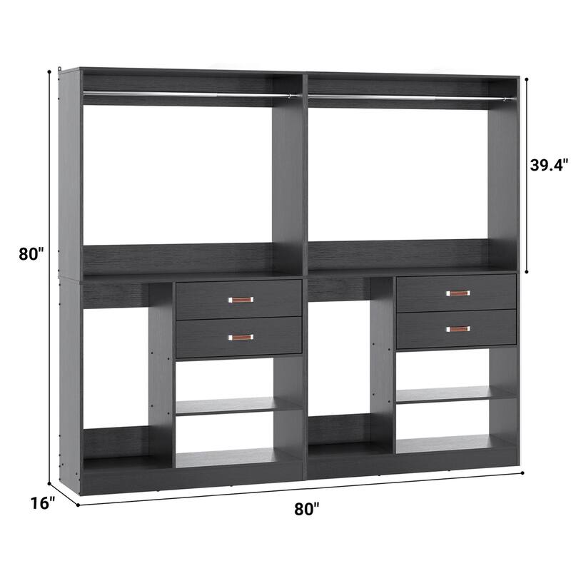 Set of 2 Freestanding Closet Organizer with Hanging Rods and Drawers, Closet System for Walk-in Closet